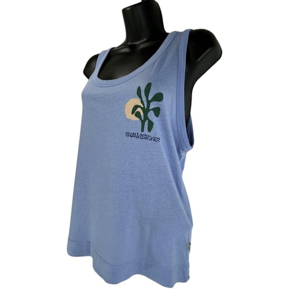 QUIKSILVER Ringer Tank Top Sz S Blue Graphic Logo Print Scoop Neck Cotton Modal - Picture 4 of 13